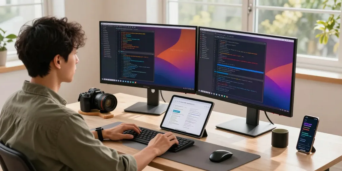 快连 software development workspace with dual monitors, coding, and vibrant tech atmosphere.
