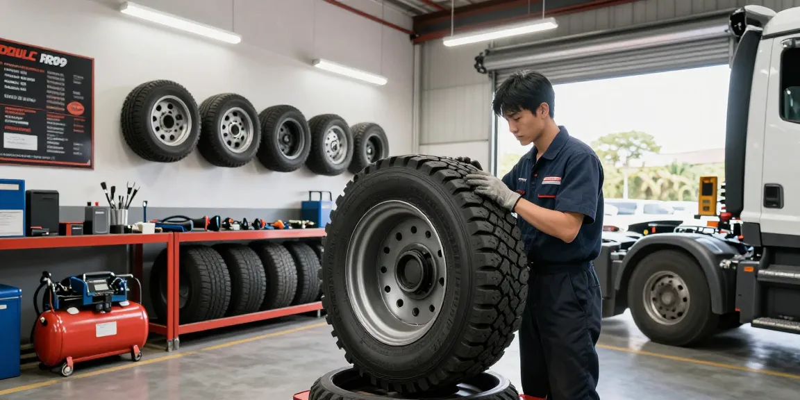 Technician examining a Double Coin RR99 tire in an automotive service center.