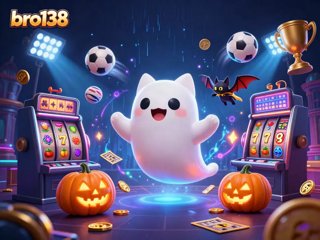 Engage in thrilling gaming action with bro138's ghost cat and vampire bat in a vibrant casino scene.
