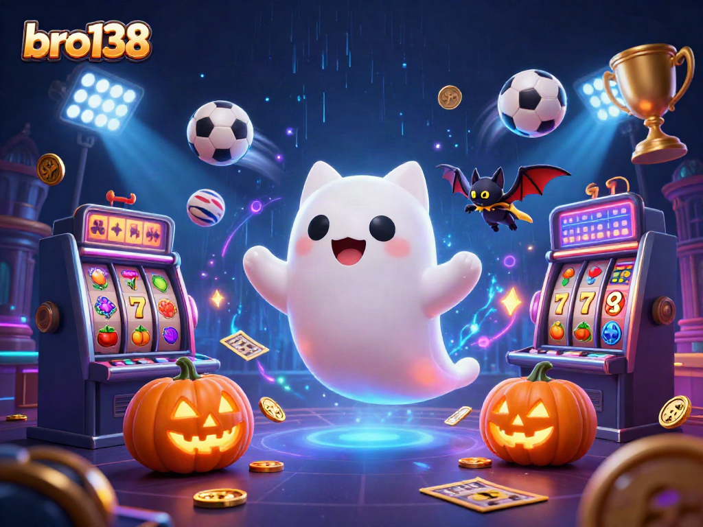 Engage in thrilling gaming action with bro138's ghost cat and vampire bat in a vibrant casino scene.