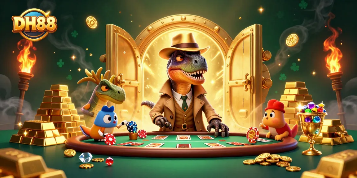 Experience thrilling moments at DH88 with a cartoon velociraptor counting cards at a blackjack table.