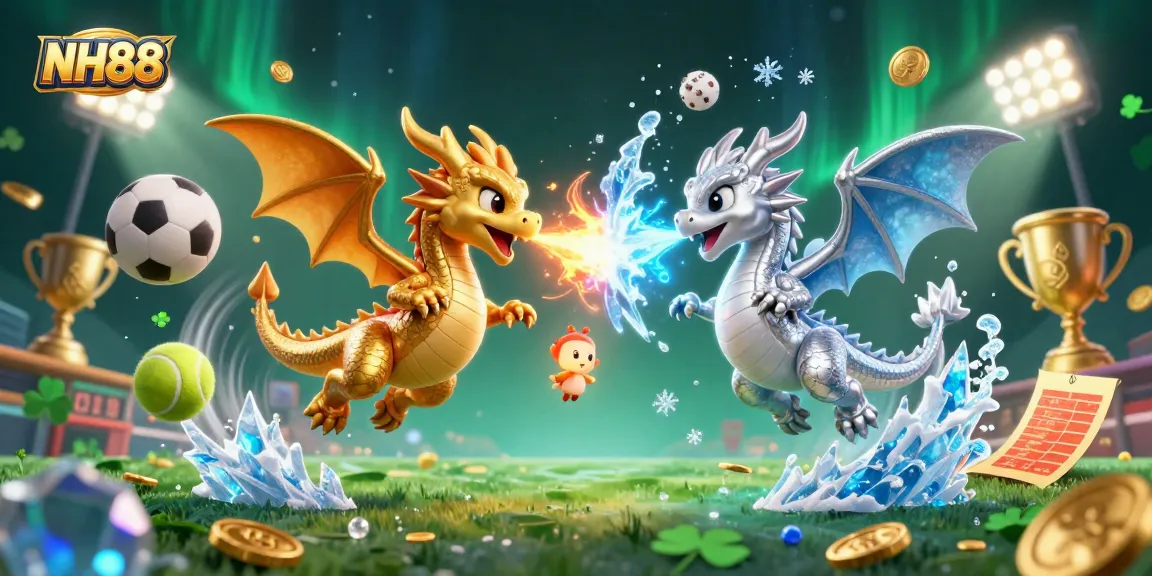Engaging NH88 gaming scene with twin 3D dragons in flight, fire and ice energy, sports elements abound.