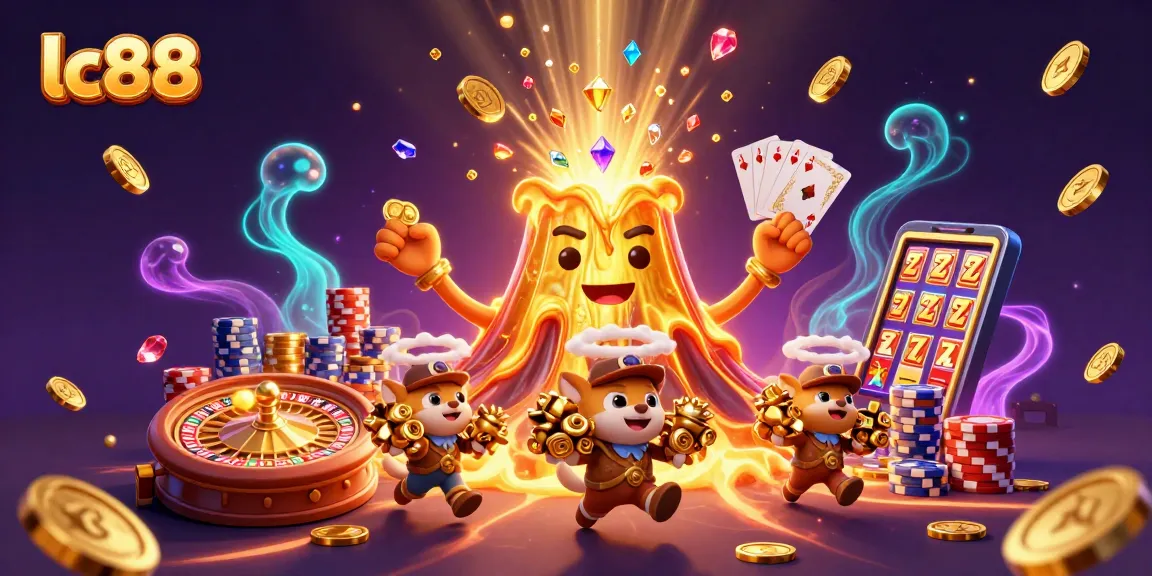 lc88 showcases a vibrant casino scene with a golden volcano erupting treasures and animated animals.