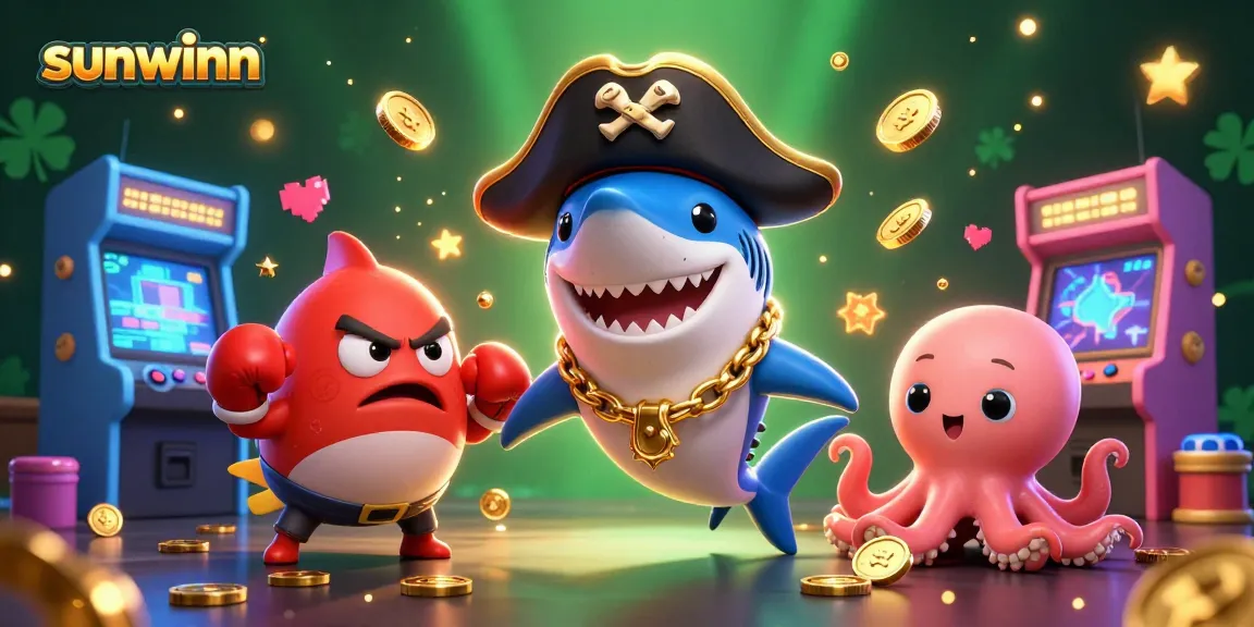 Join the thrilling action of sunwinn with a lively pirate shark and friends amidst dazzling casino elements.
