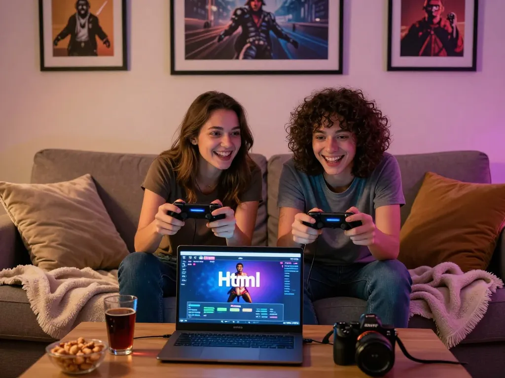 Couple enjoying html porn games on their devices in a cozy living room setting.