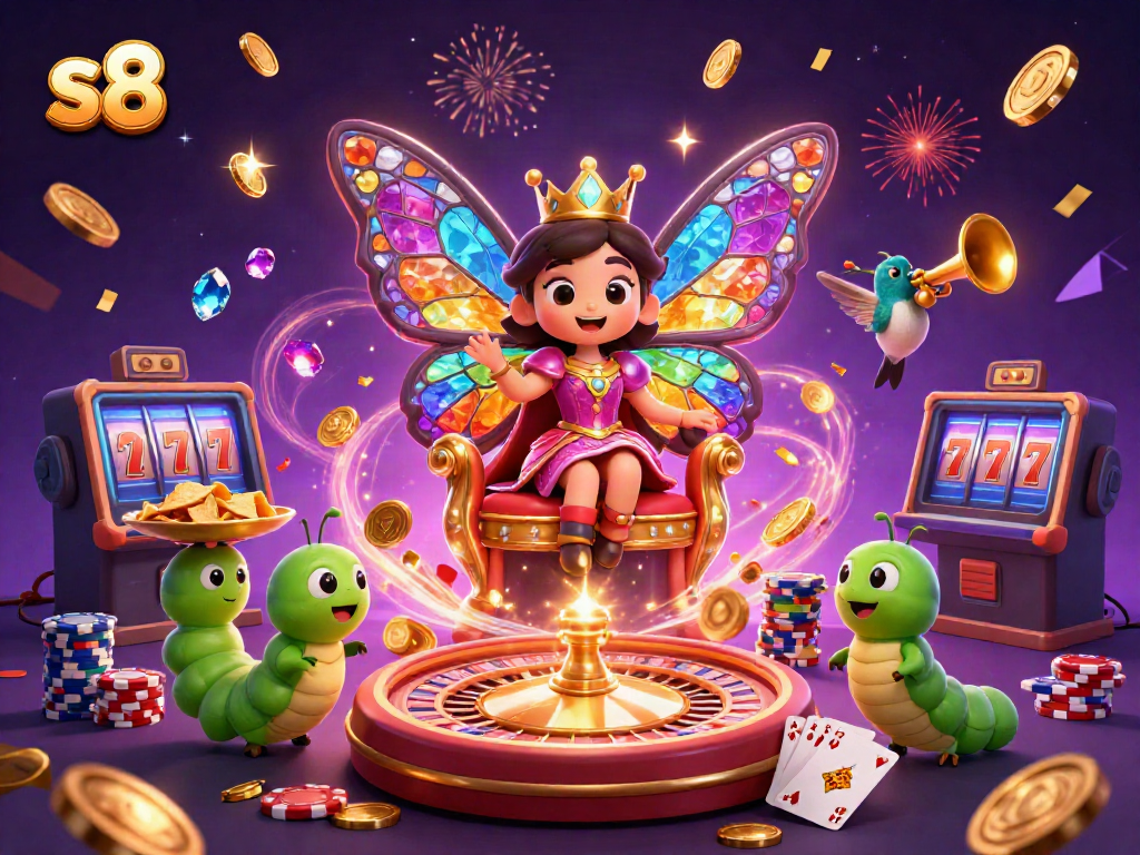 Experience thrilling gameplay at s8 with a vibrant butterfly queen surrounded by casino elements