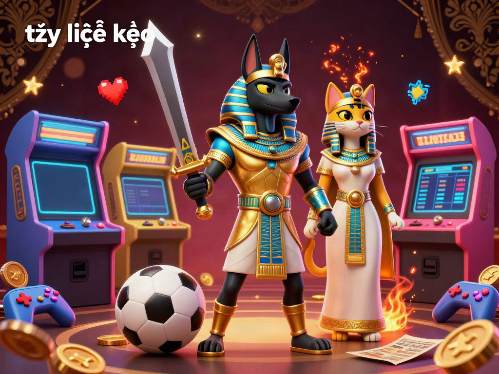 Engage in the thrill of sports betting with tỷ lệ kèo infused graphics featuring Anubis and Bastet in a vibrant gaming scene.