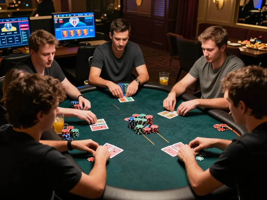 Friends enjoying a poker night while playing on fa88vn platform, showcasing colorful chips and intense focus on cards.