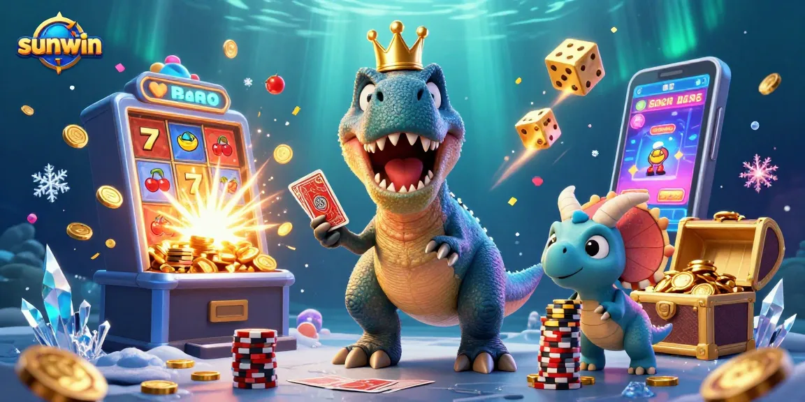 Experience sunwin with a dynamic scene featuring a T-Rex shuffling cards and vibrant casino elements.