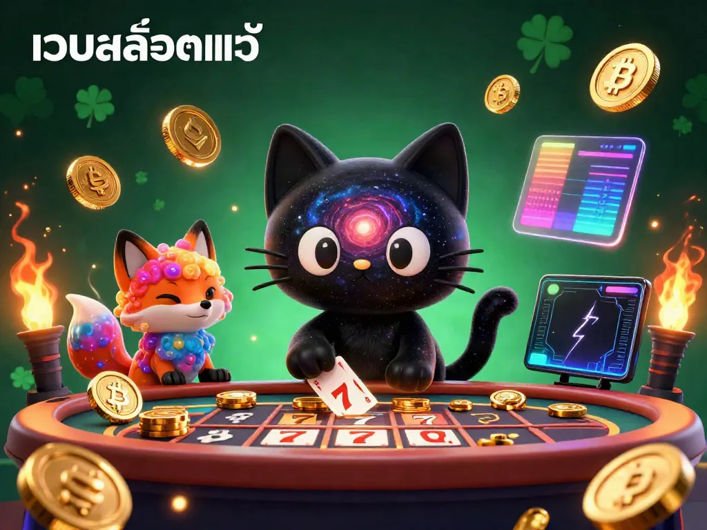 Engage with the dynamic cosmic casino scene showcasing เว็บสล็อตแท้, featuring a black hole cat and colorful fox amidst glowing slot reels and crypto coins.