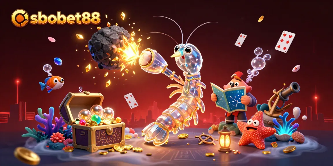 Explore sbobet88 with our dynamic illustration of thrilling carnival-like adventure in an underwater casino world.