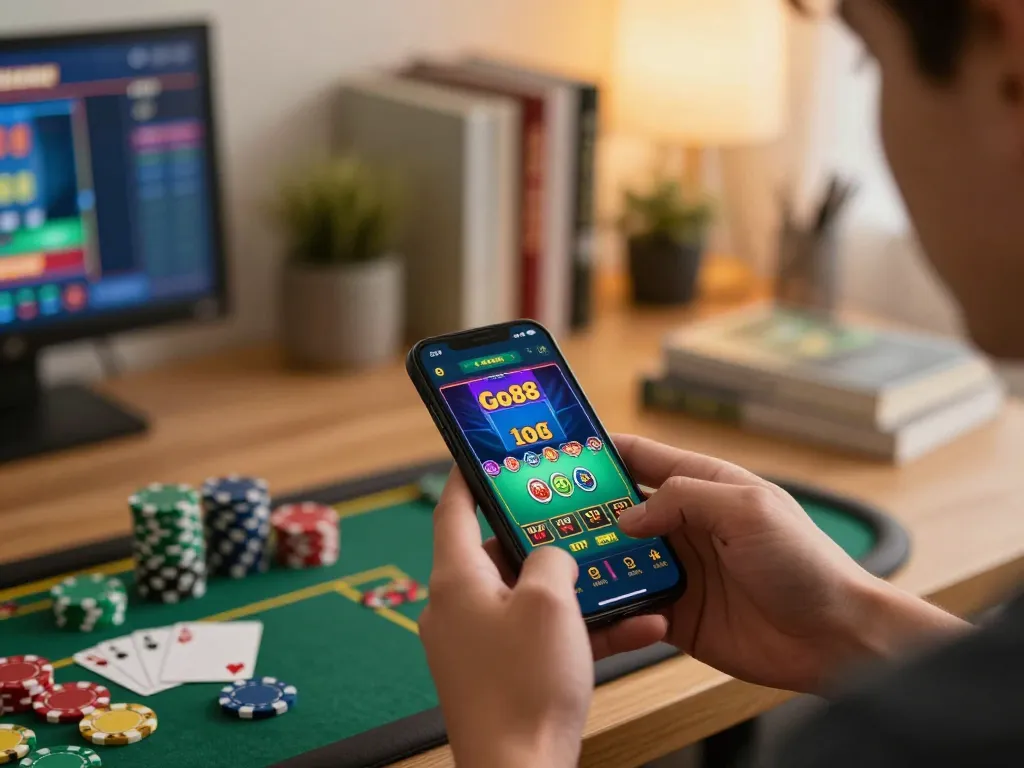 Engaging with Go88 casino app on smartphone during home gaming session, emphasizing strategic gameplay.