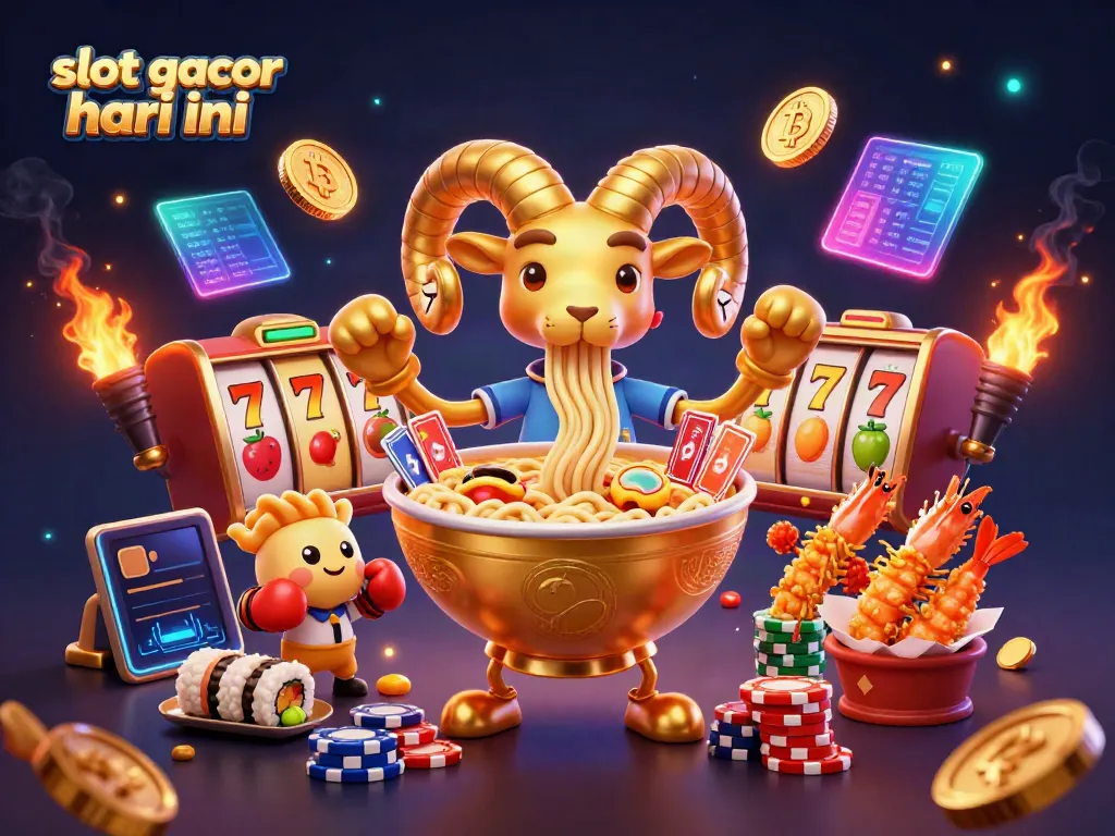 Experience the thrill of slot gacor hari ini with a vibrant 3D casino illustration filled with dynamic characters and symbols.