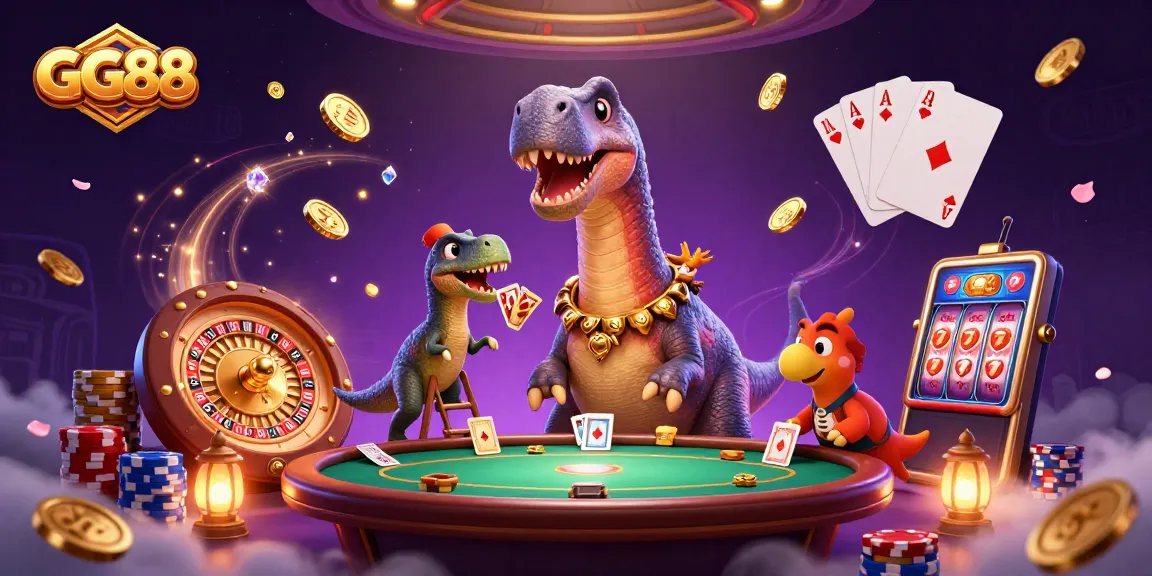 Win big at GG88 with exciting gameplay featuring a brontosaurus dealing cards at a vibrant casino scene.