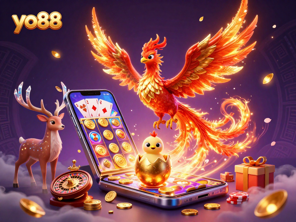 Engage in thrilling action with yo88 as a golden phoenix and vibrant slot games light up the scene.