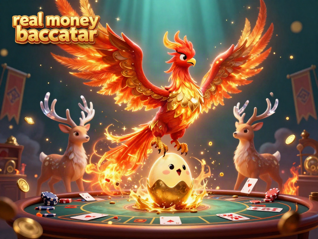Engage in real money baccarat with a vibrant scene of a phoenix, baccarat table, and gold tokens.