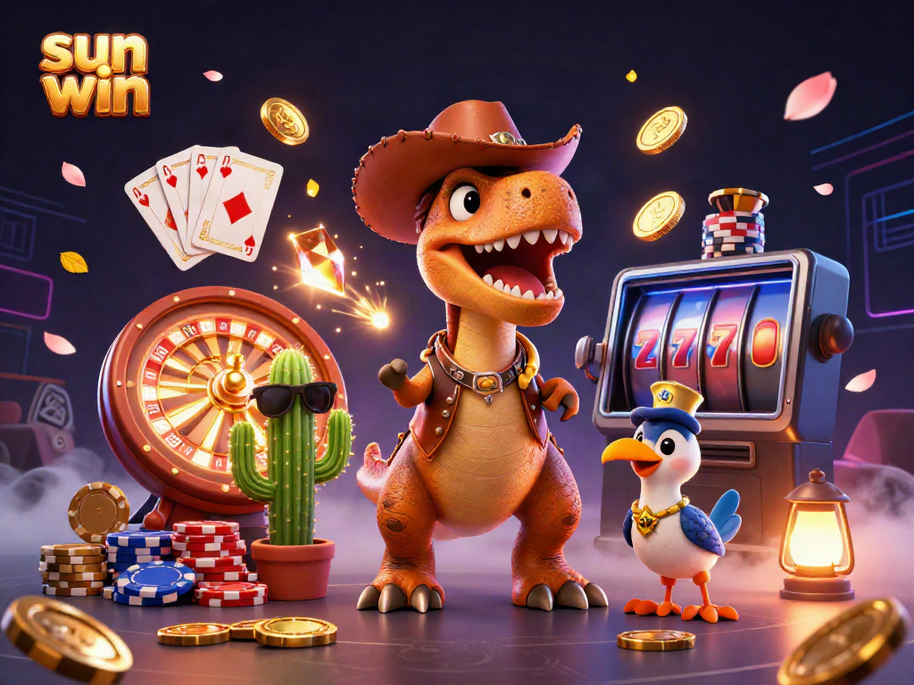 Win big with sun win as colorful casino characters celebrate with golden coins and roulette.