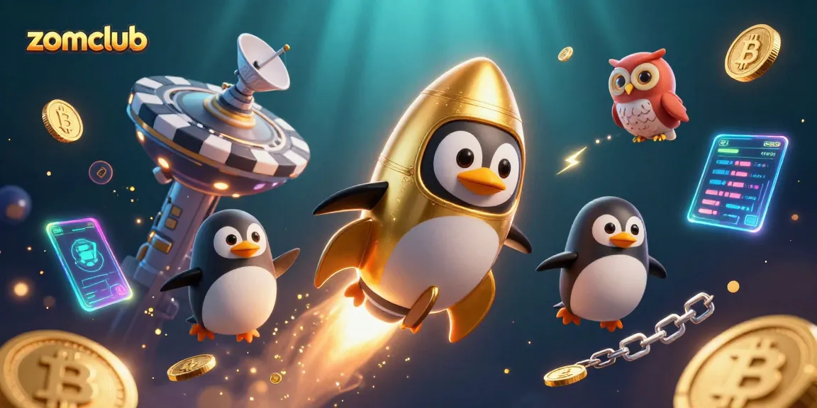 Zomclub offers thrilling casino action featuring a golden penguin blasting through space to a poker chip casino.