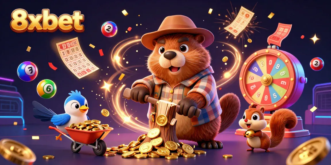 Experience the excitement of 8xbet with vibrant 3D characters celebrating wins amidst coins and dynamic game elements.