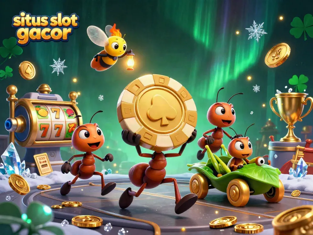 Situs slot gacor-themed illustration featuring ants stealing a giant poker chip, surrounded by gaming elements.