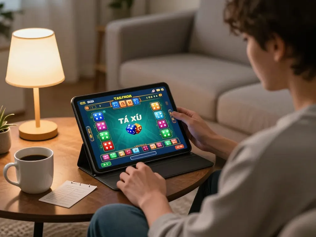 Engaging person playing tài xỉu online on a tablet, showcasing a cozy home gaming atmosphere.