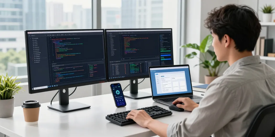 快连 user-friendly interface on a developer's desk with coding displays, creating a vibrant and productive tech workspace.