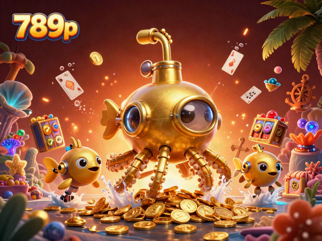 Join the thrilling underwater adventure at 789p with a golden kraken submarine surrounded by slot reels and treasure.