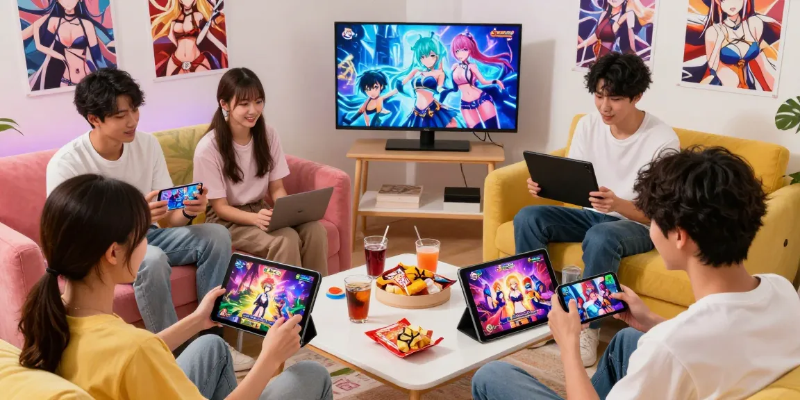 Friends enjoying free hentai games in a lively living room setting, showcasing diverse characters and devices.