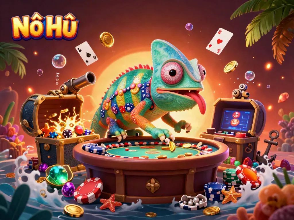 Nổ Hũ explores thrilling casino adventures in a vibrant underwater chameleon-themed illustration.
