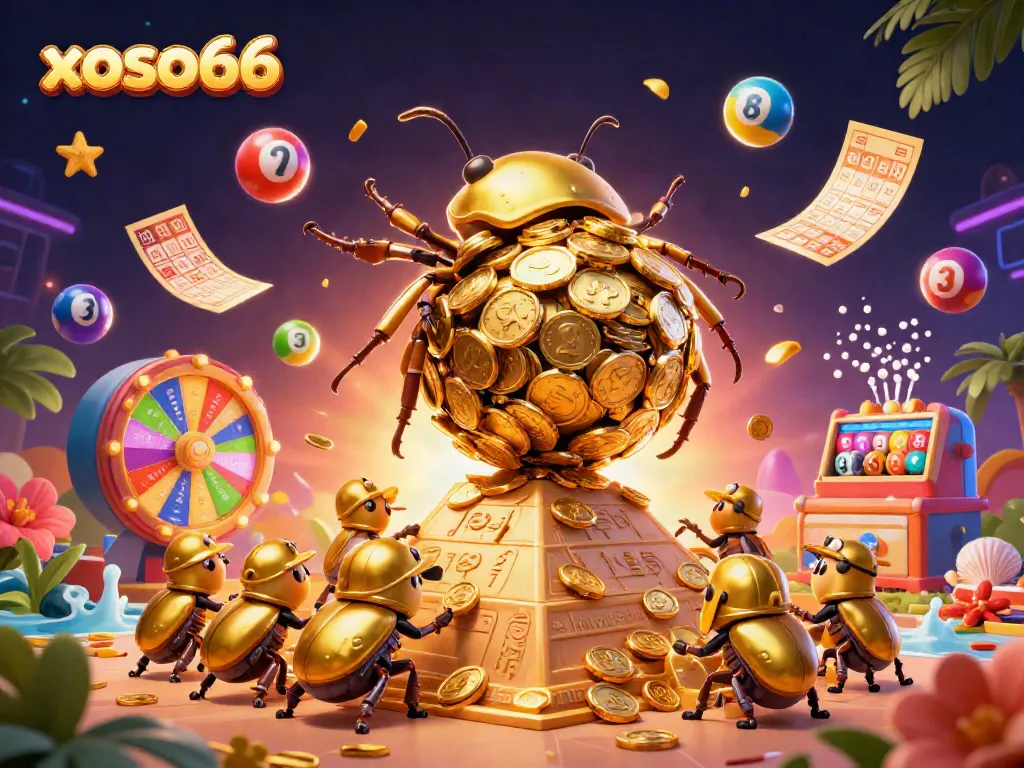 Experience the excitement at xoso66 with colorful lottery elements and a golden beetle in action.