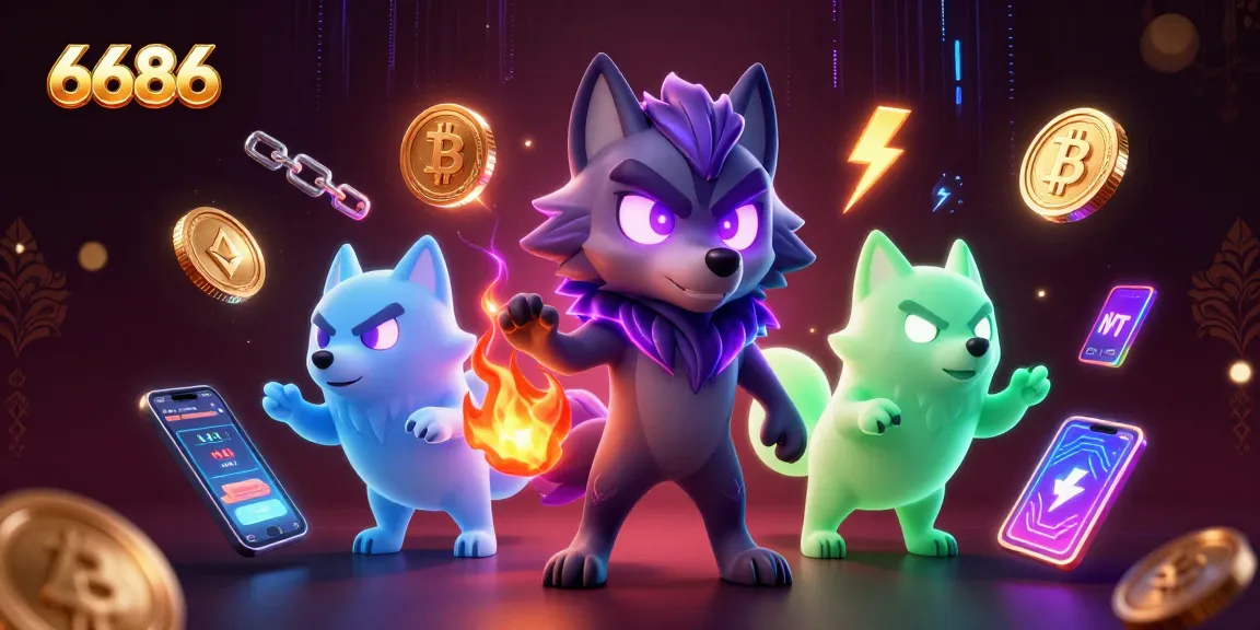 Engage in the thrilling universe of 6686's online gaming with a spectral wolf pack illustration highlighting vibrant crypto elements.
