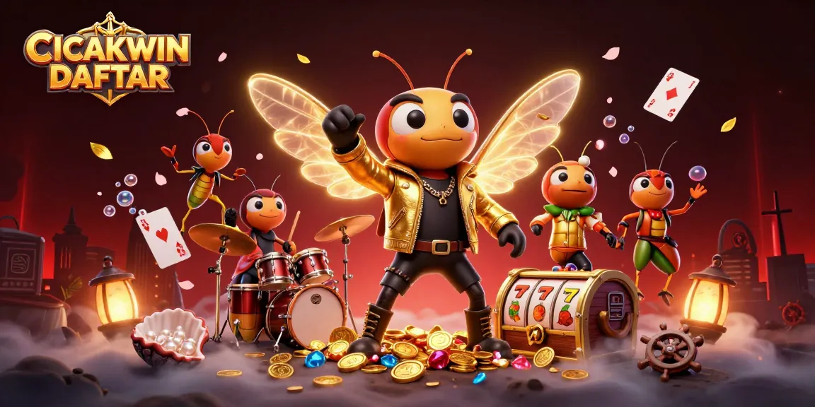 CICAKWIN DAFTAR showcases a cartoon cicada rock star amidst thrilling slot games and vibrant treasures.