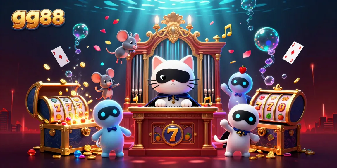 Engage with the vibrant gg88 casino scene featuring a masked cat and acrobat amid floating slot elements.