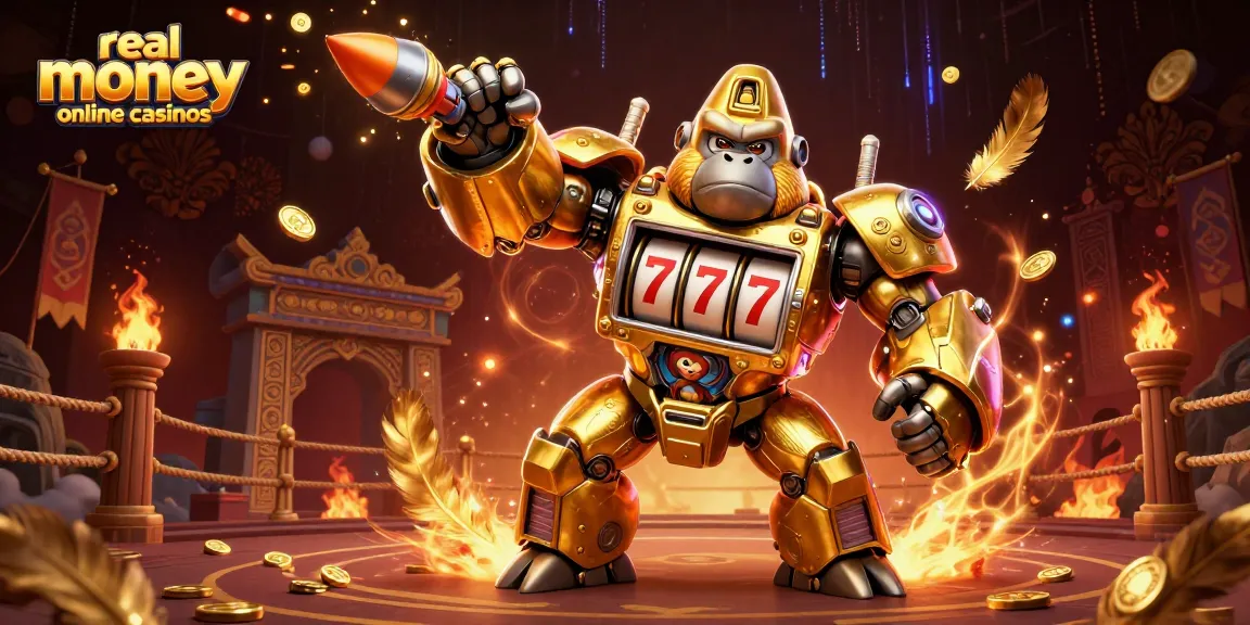 Experience thrilling action with real money online casinos featuring a golden gorilla mech in a vibrant arena.
