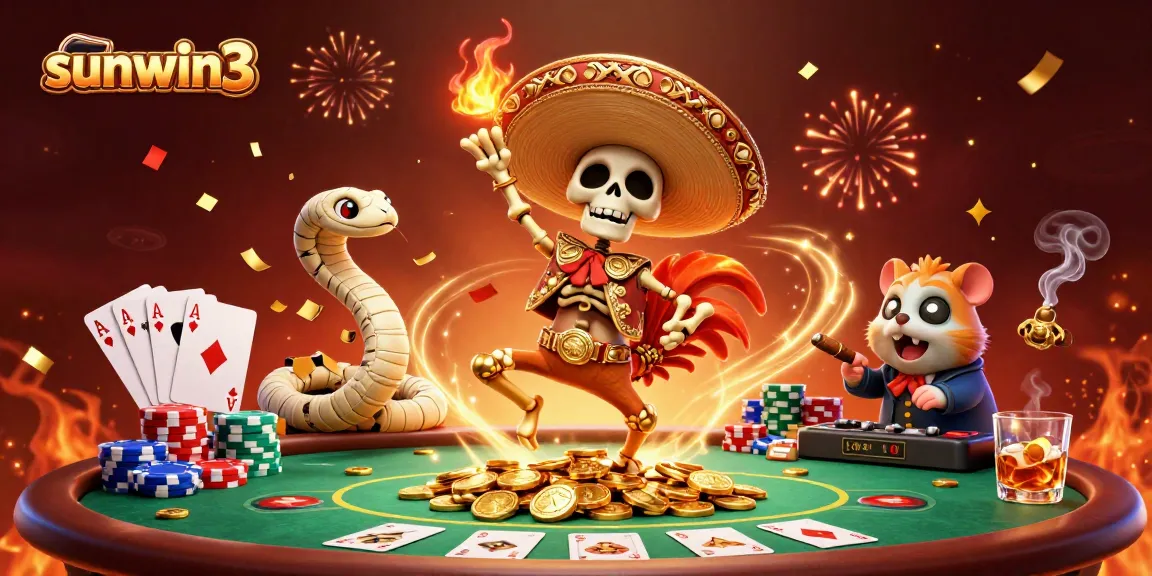 Experience excitement at sunwin3 with festive characters celebrating amidst a casino-themed scene.