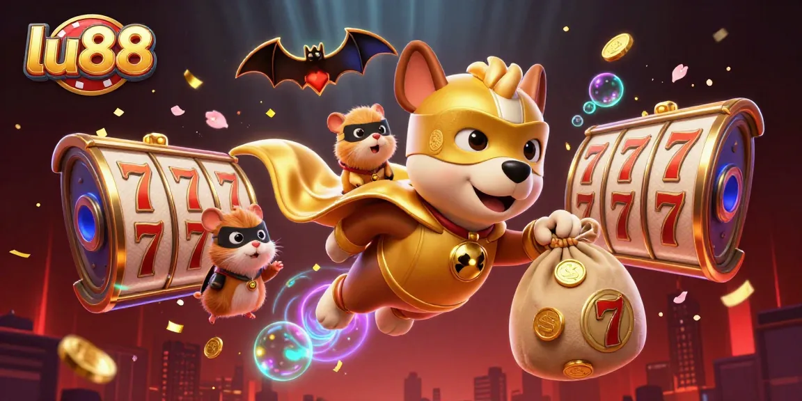 lu88 offers exciting slot games with animated characters and vibrant casino elements in a dynamic scene