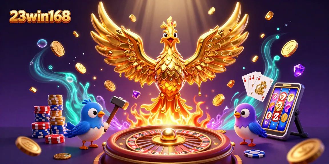 Watch the golden phoenix emerge with coins in the vibrant 23win168 casino scene filled with excitement.