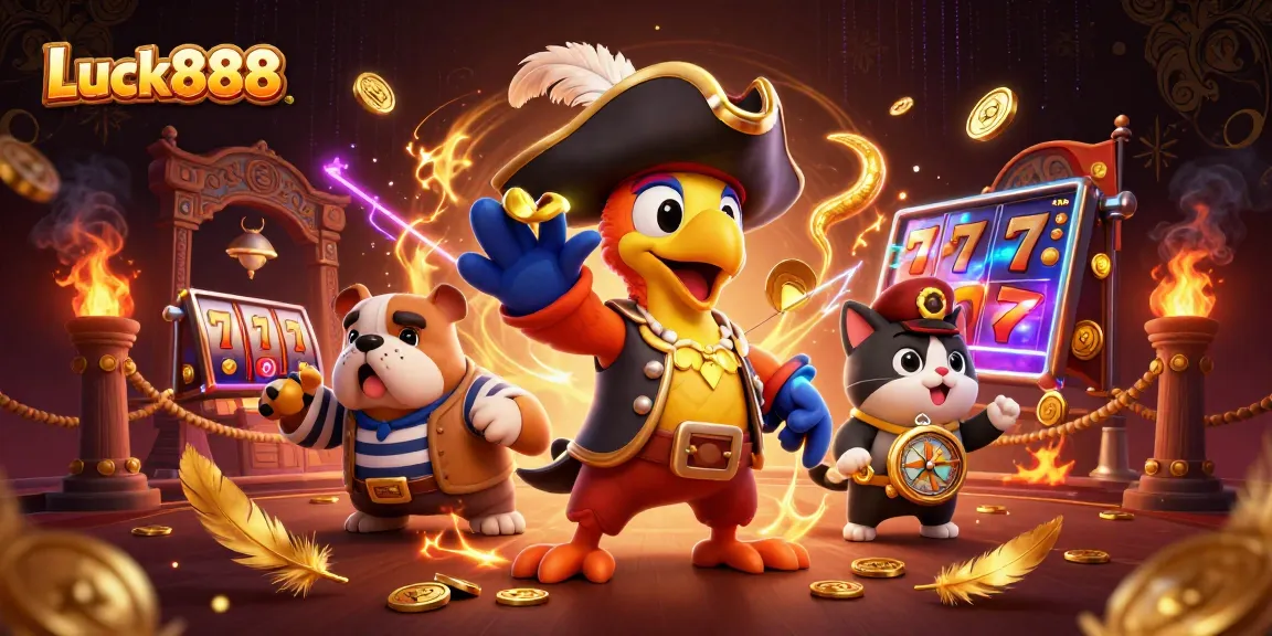 Experience Luck888 excitement with this vibrant casino scene showcasing a pirate captain, bulldog, and cat amidst colorful slot elements.