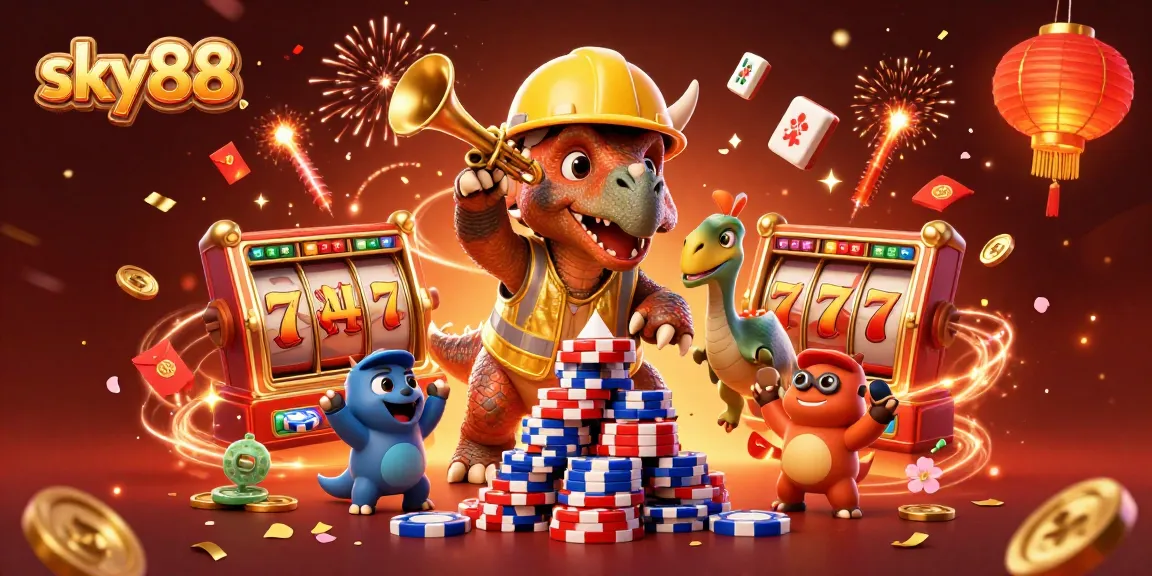 Experience sky88's thrilling slots environment with a dynamic triceratops and layers of casino elements.