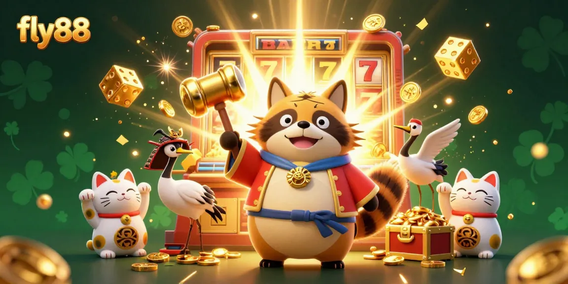 Experience the excitement at fly88 with a cheerful raccoon and lucky symbols in a vibrant casino scene.