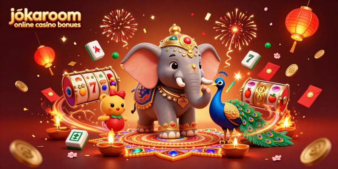 Win with jokaroom online casino bonuses by spinning slot reels in a vibrant casino scene.