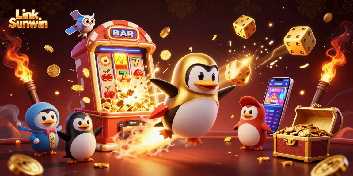 Experience excitement with Link Sunwin as a golden penguin soars through a vibrant casino space.