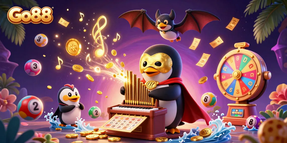 Experience the excitement of Go88 with a vibrant casino-themed scene showcasing a penguin playing an organ shooting coins.