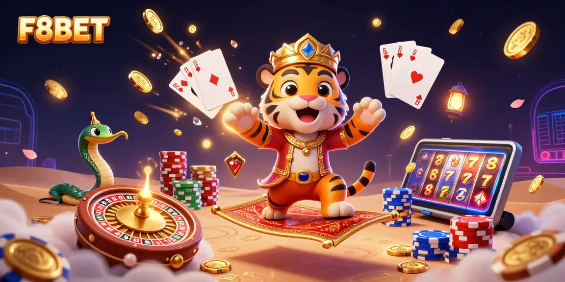 Experience the thrill of F8BET with vibrant casino elements, including slot machines and roulette in an enchanting scene.